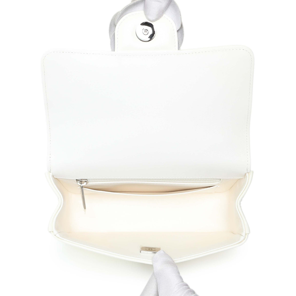 Chanel White Patent Calfskin Small Camellia Flap Handbags Chanel