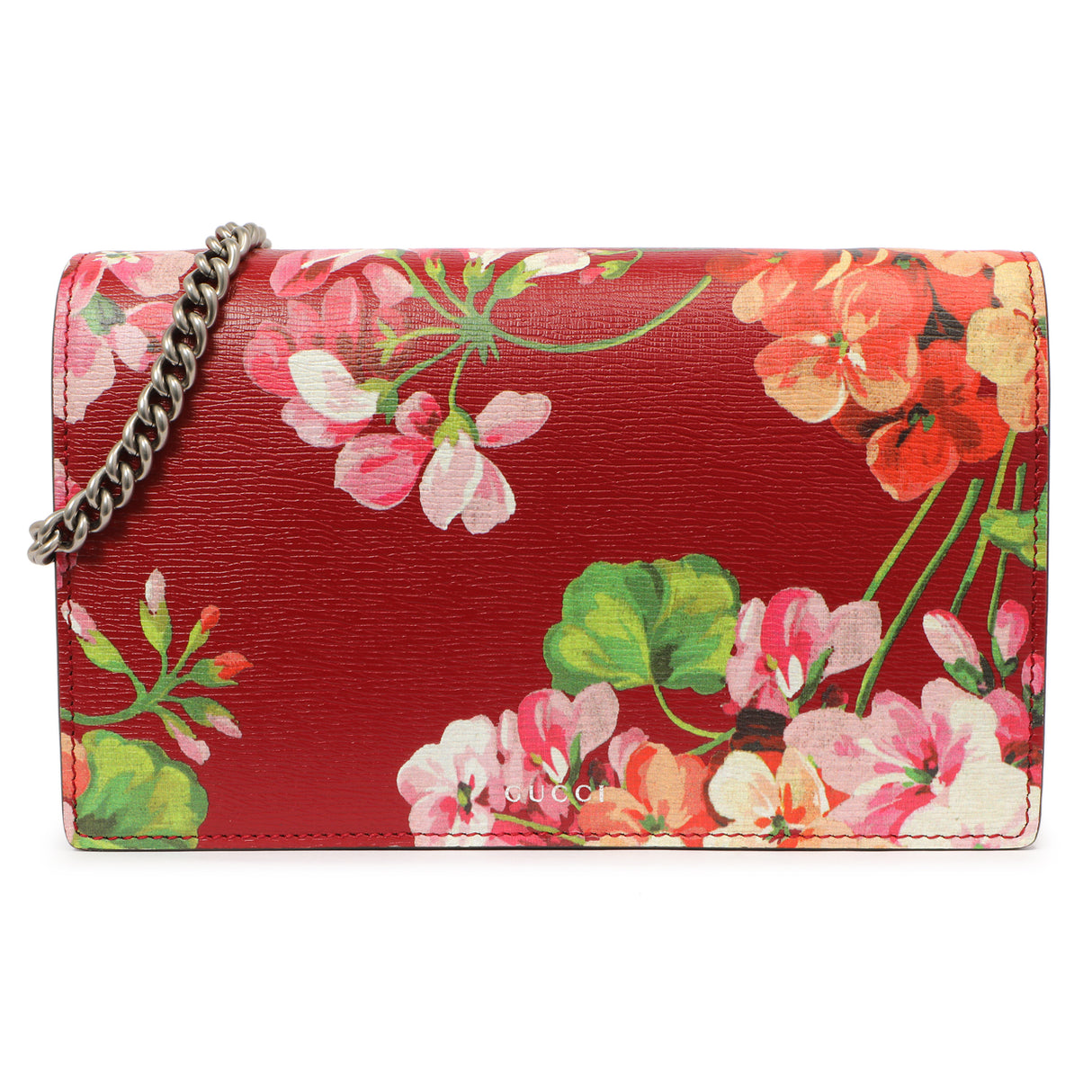 Gucci Cherry Calfskin Blooms Print Chain Wallet