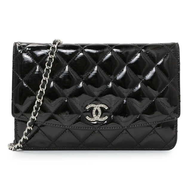 Chanel Black Quilted Patent Brilliant Wallet On Chain WOC Handbags Chanel