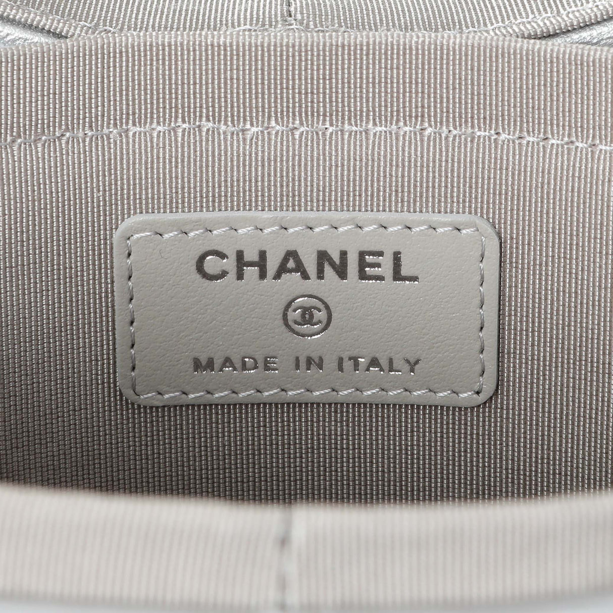 Chanel Silver Quilted Round Vanity Case With Chain Handbags Chanel