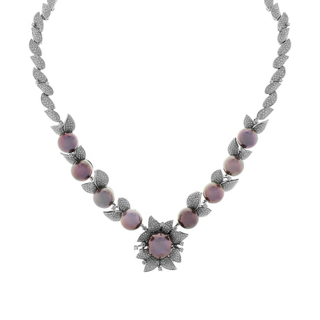 18K White Gold Tahitian Pearl Blossom Diamond Necklace Fine Jewellery Modaselle