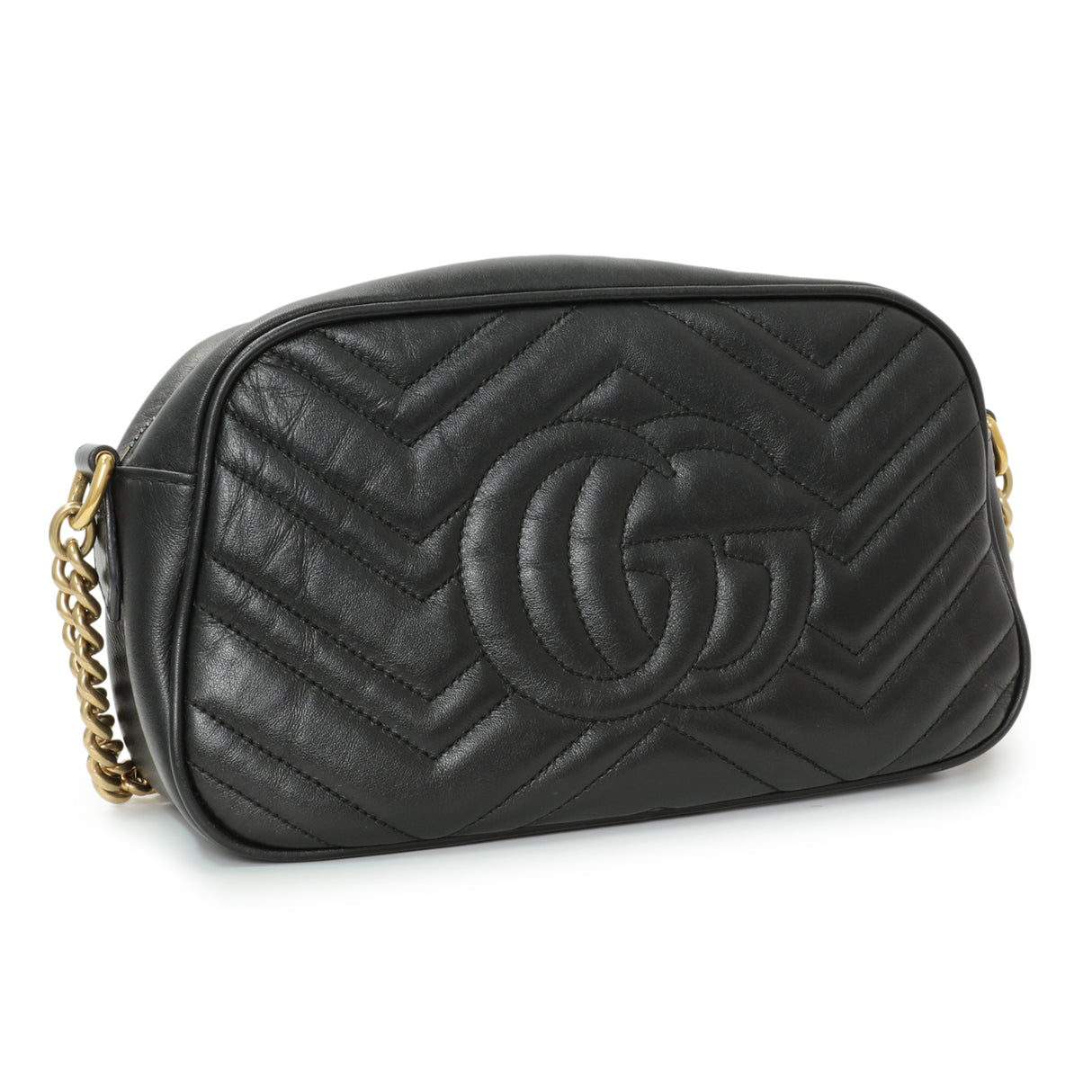 Gucci Black Calfskin Matelasse Small GG Marmont Chain Shoulder Bag Handbags Gucci