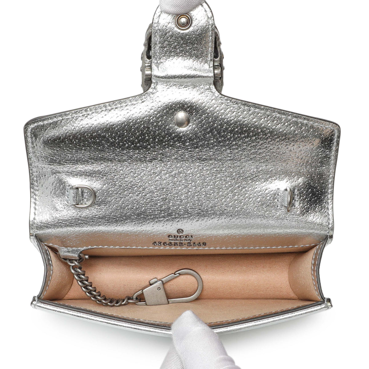 Gucci Silver Metallic Calfskin Super Mini Dionysus Shoulder Bag Handbags Gucci