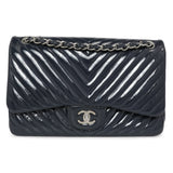 Chanel Blue Chevron Quilted Patent Jumbo Classic Double Flap