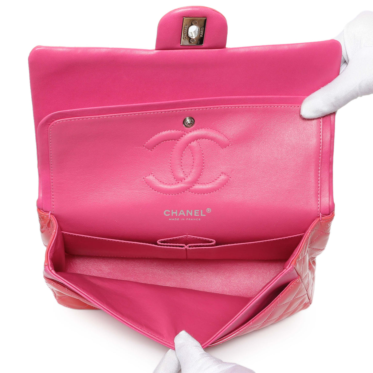 Chanel Coral Pink Patent Medium Double Flap Handbags Chanel