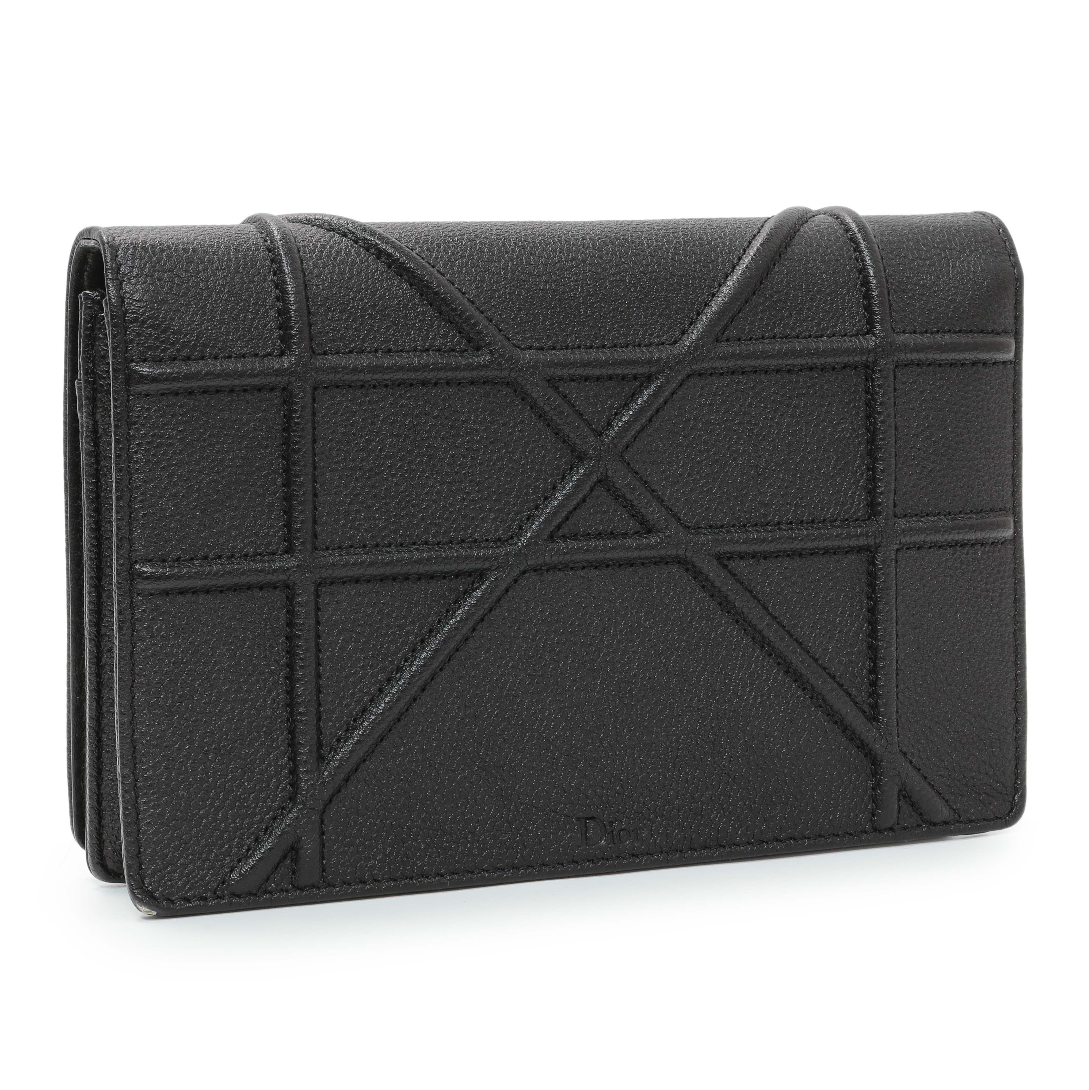 Christian Dior Black Grained Calfskin Diorama Wallet on Chain
