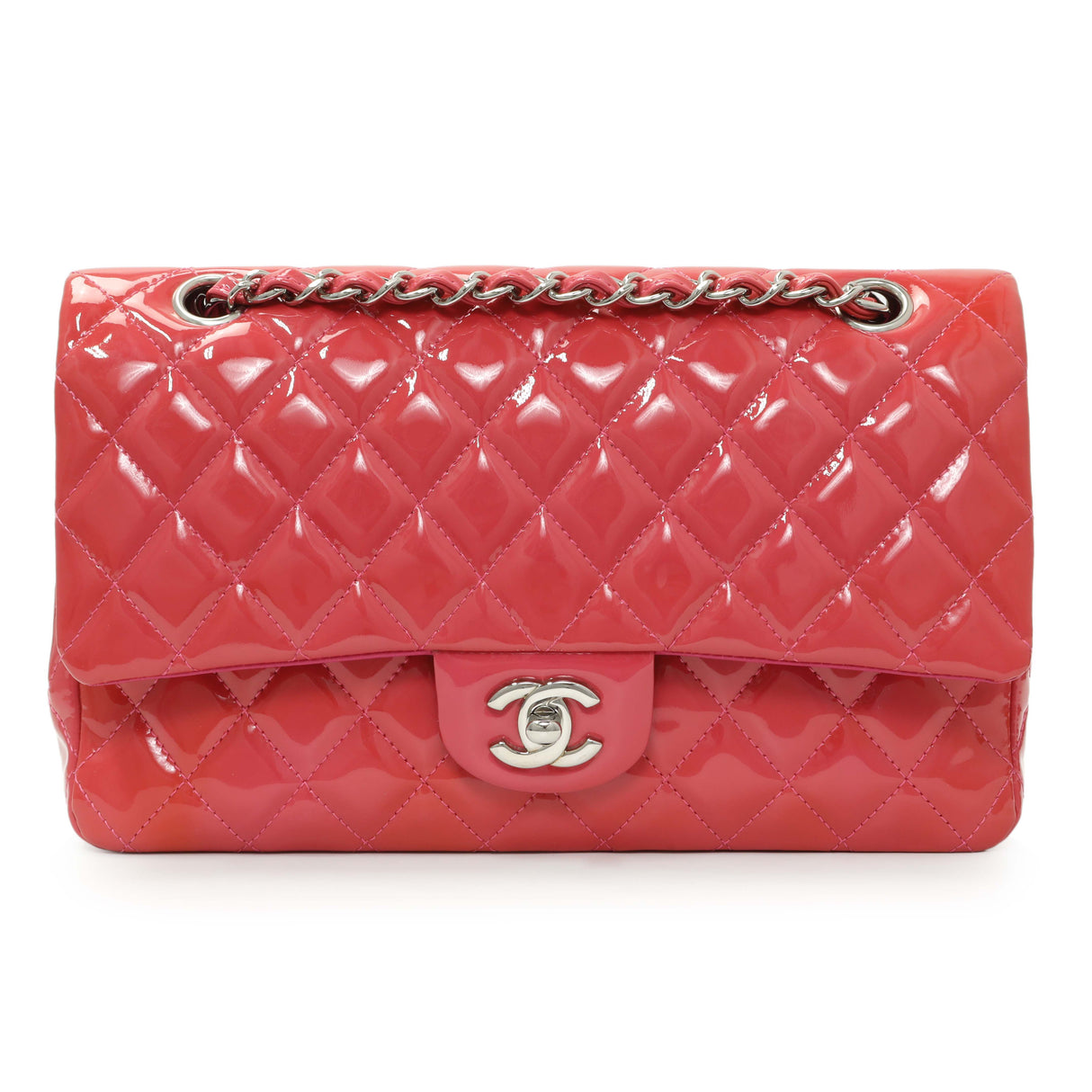 Chanel Coral Pink Patent Medium Double Flap Handbags Chanel