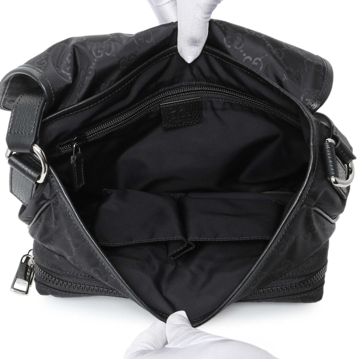 Gucci Black Nylon Monogram Double Buckle Flap Messenger Bag Handbags Gucci