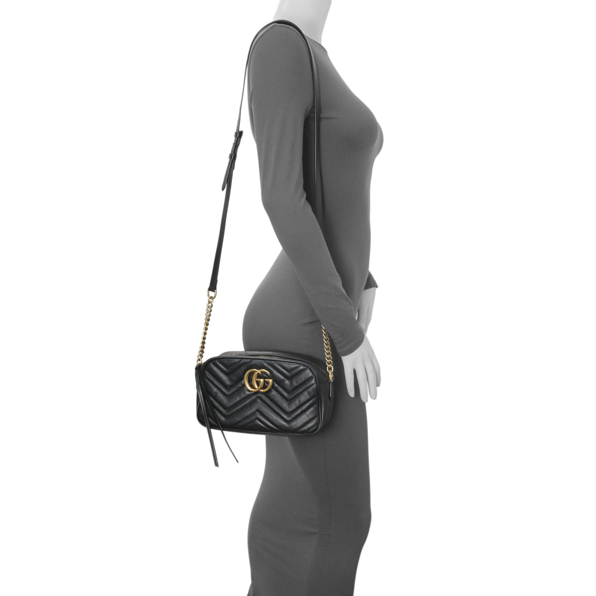 Gucci Black Calfskin Matelasse Small GG Marmont Chain Shoulder Bag Handbags Gucci