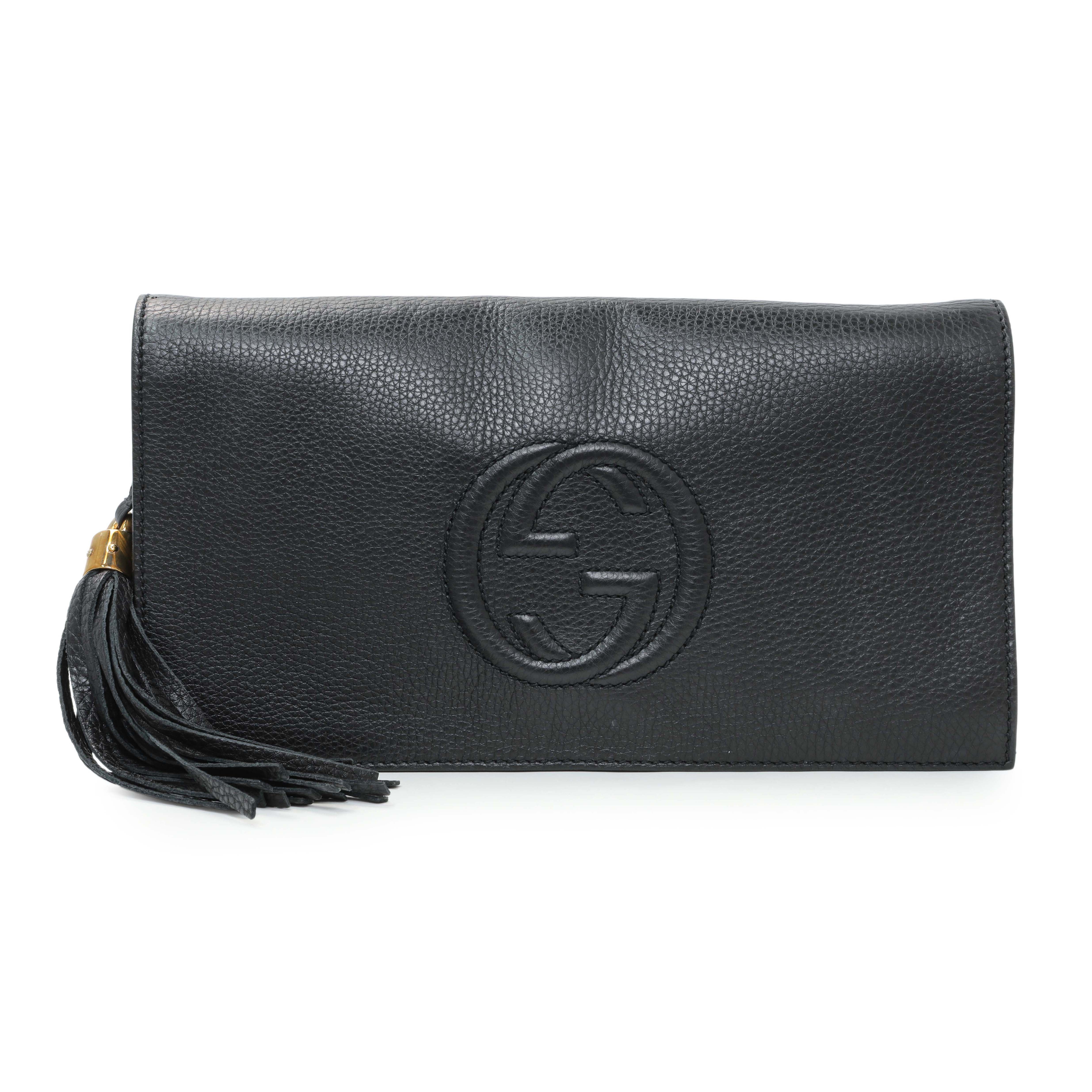 GUCCI 黒 レザー クラッチバッグ　SOHO Gucci Black Leather Medium GG Soho Tassel Clutch – Modaselle