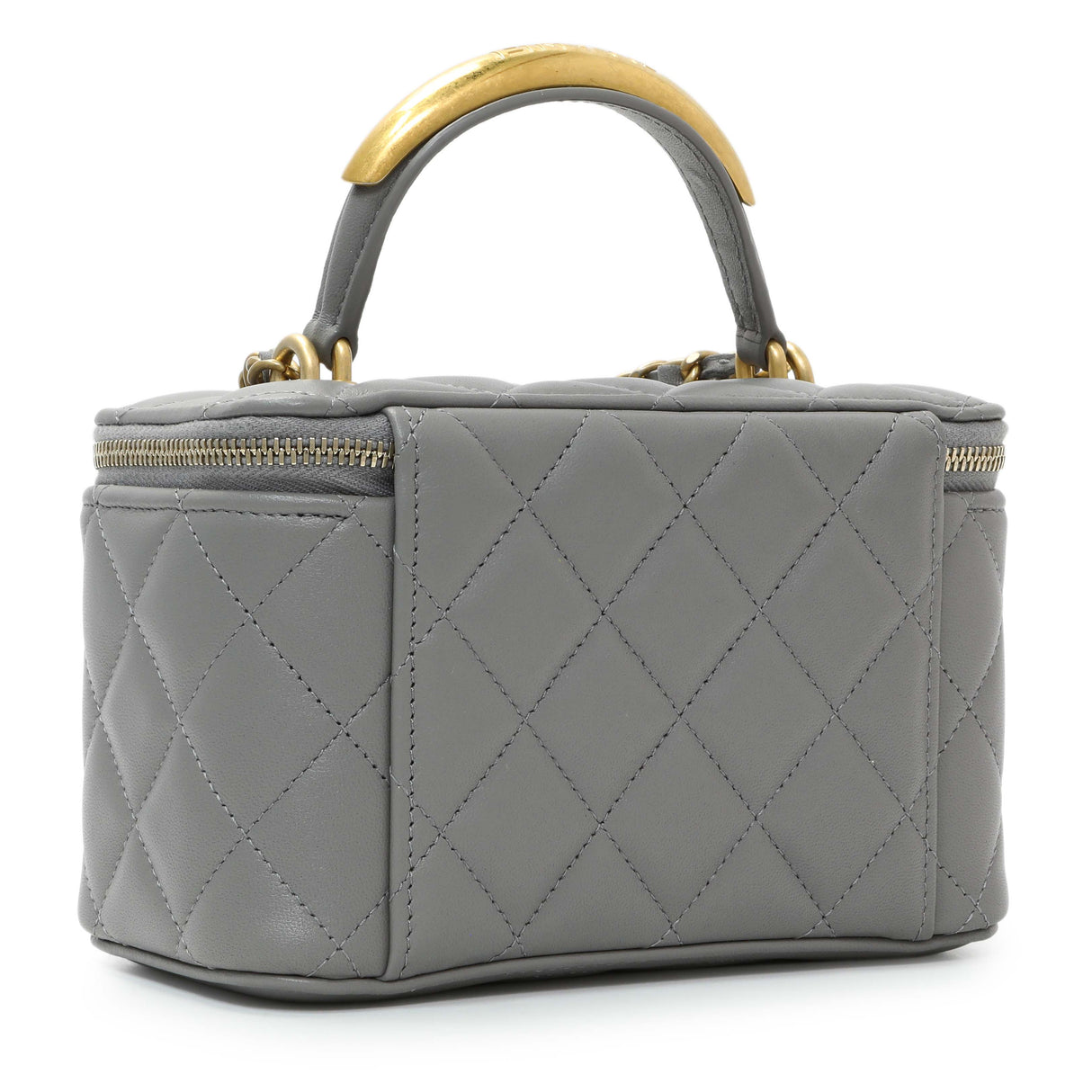 Chanel Grey Lambskin Quilted Small Top Handle Vanity Case With Chain Handbags Chanel