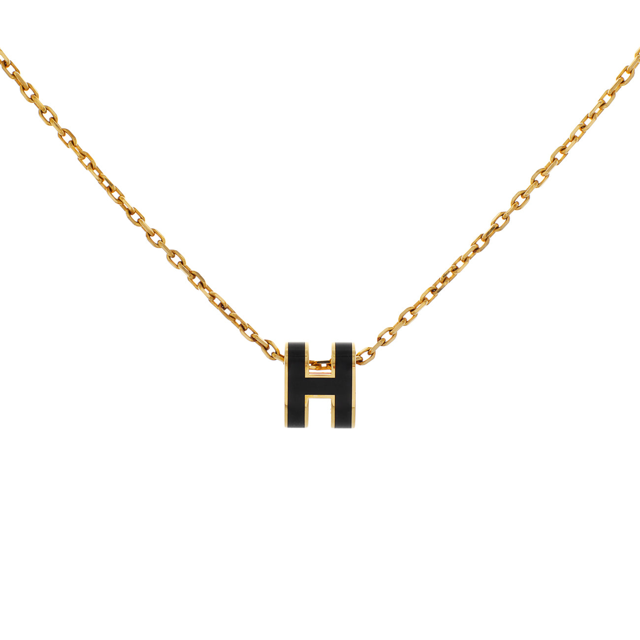 Hermes Yellow Gold Black Lacquer Mini Pop H Pendant Necklace