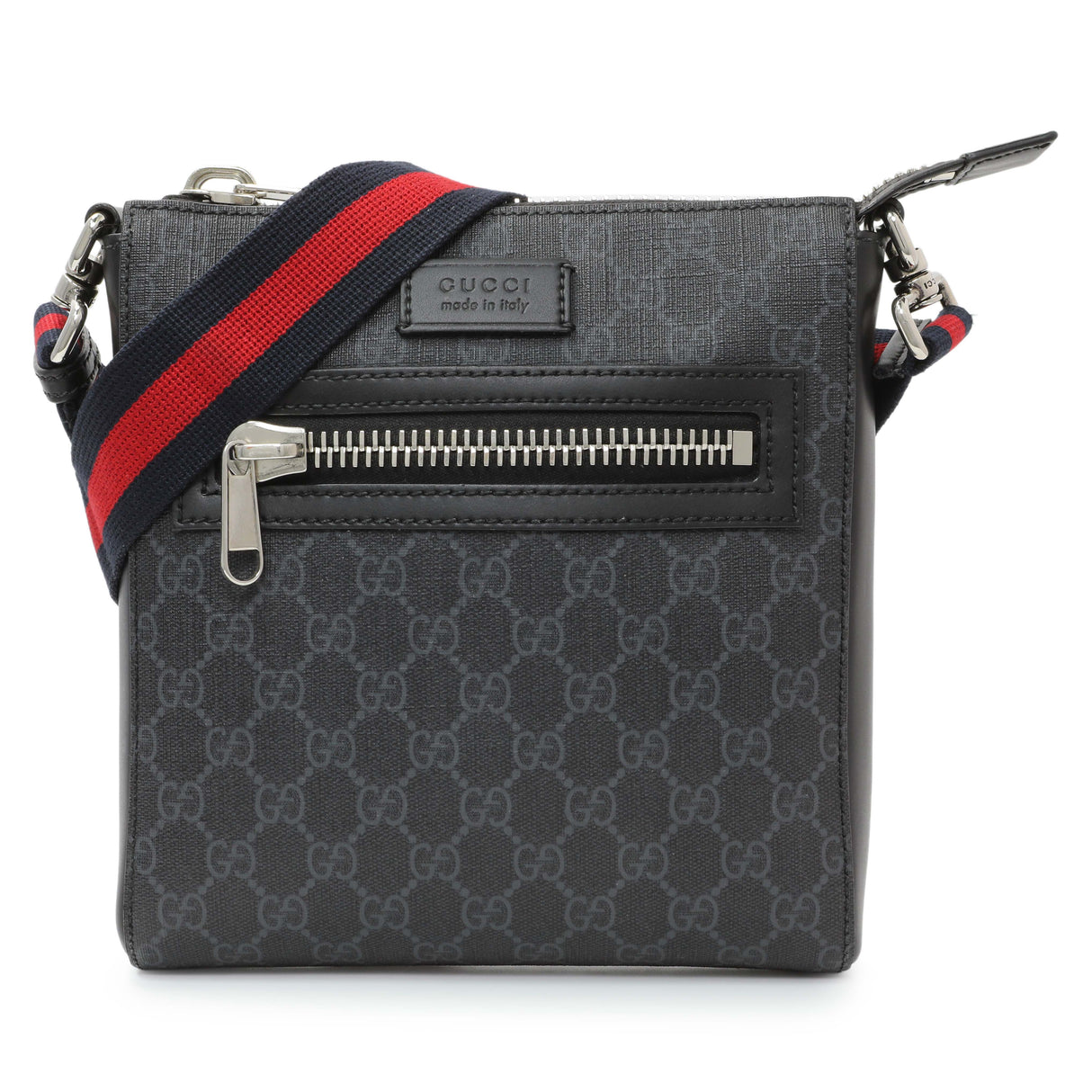 Gucci Black GG Supreme Monogram Web Small Flat Messenger Bag Handbags Gucci