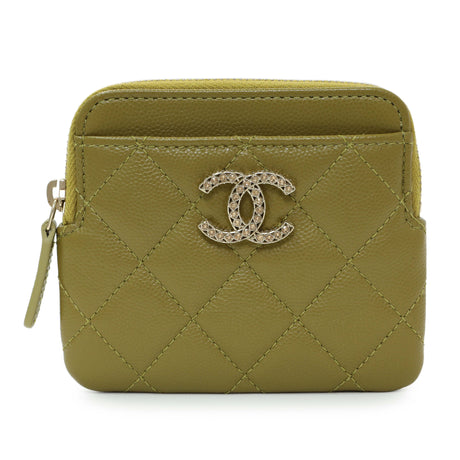 Chanel Khaki Green Caviar Crystal CC Zipped Coin Purse Accessories Chanel