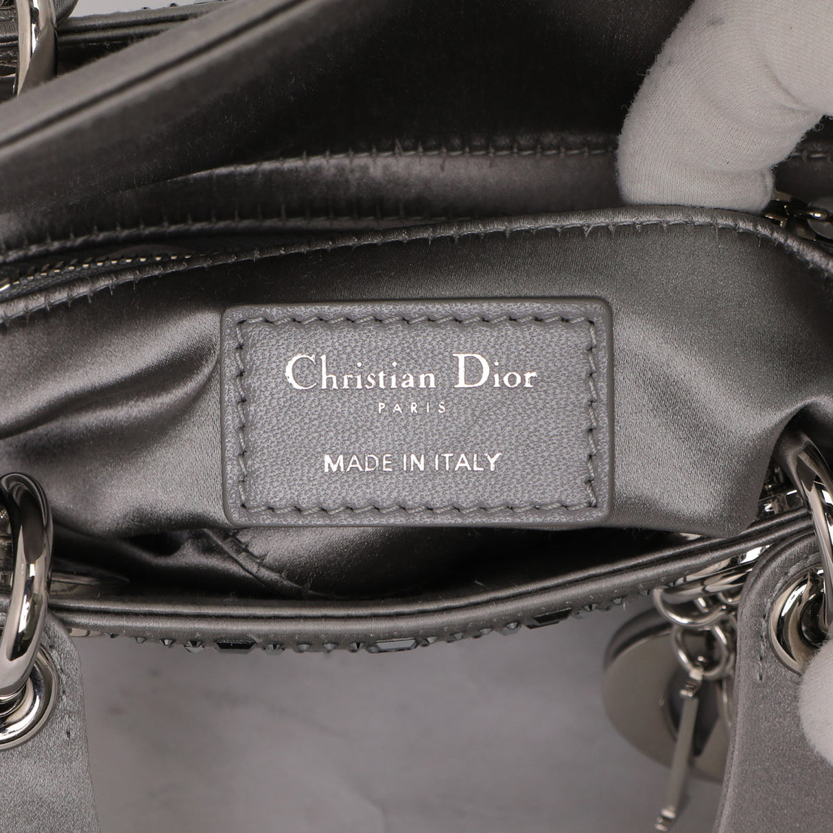 Christian Dior Grey Satin Crystal Cannage  Mini Lady Dior