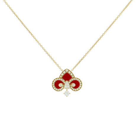 Tiffany & Co. 18K Yellow Gold Diamond Carnelian Fleur de Lis Pendant Necklace Designer Jewellery Tiffany and Co