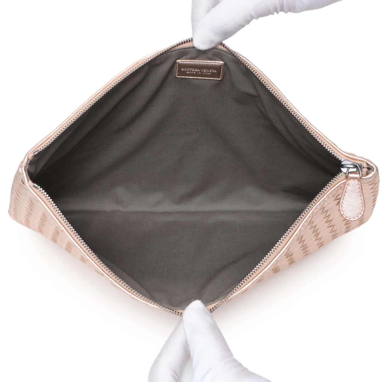 Bottega Veneta Metallic Pink Nappa Intrecciato Zipped Flat Pouch Handbags Bottega Veneta