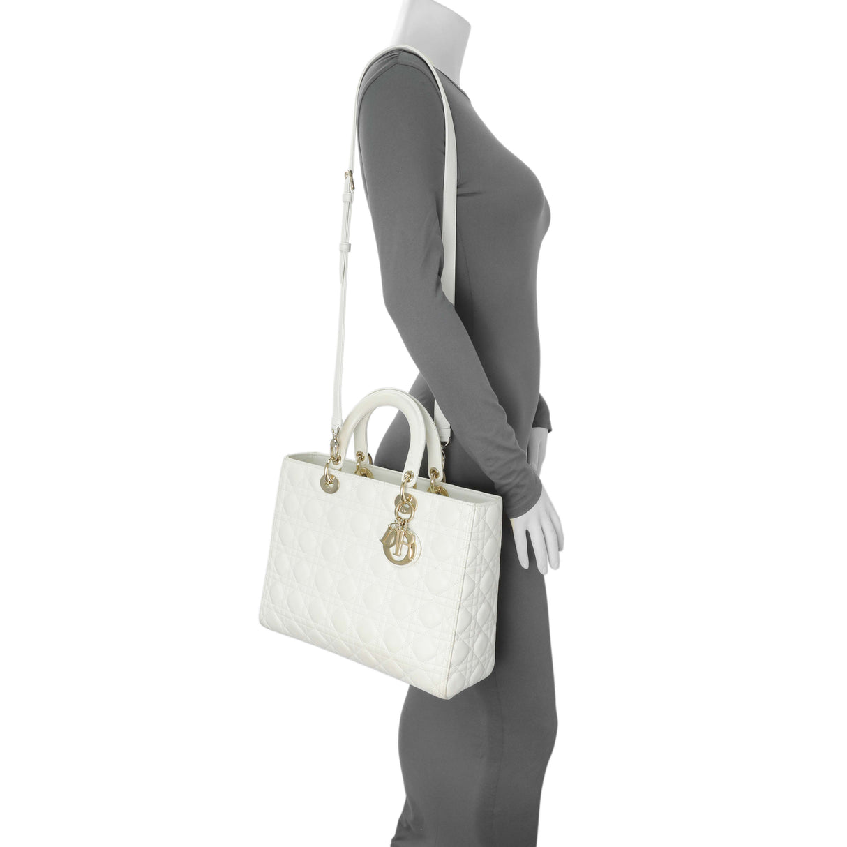 Christian Dior White Lambskin Cannage Large Lady Dior Handbags Christian Dior