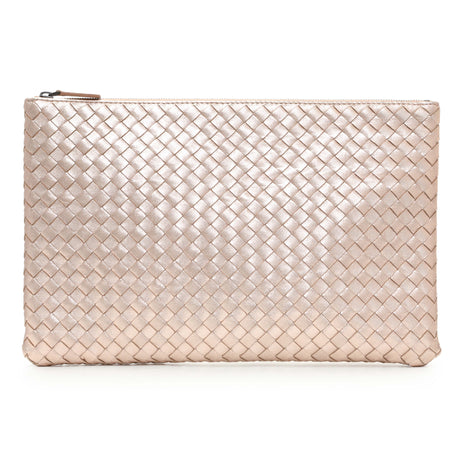 Bottega Veneta Metallic Pink Nappa Intrecciato Zipped Flat Pouch Handbags Bottega Veneta