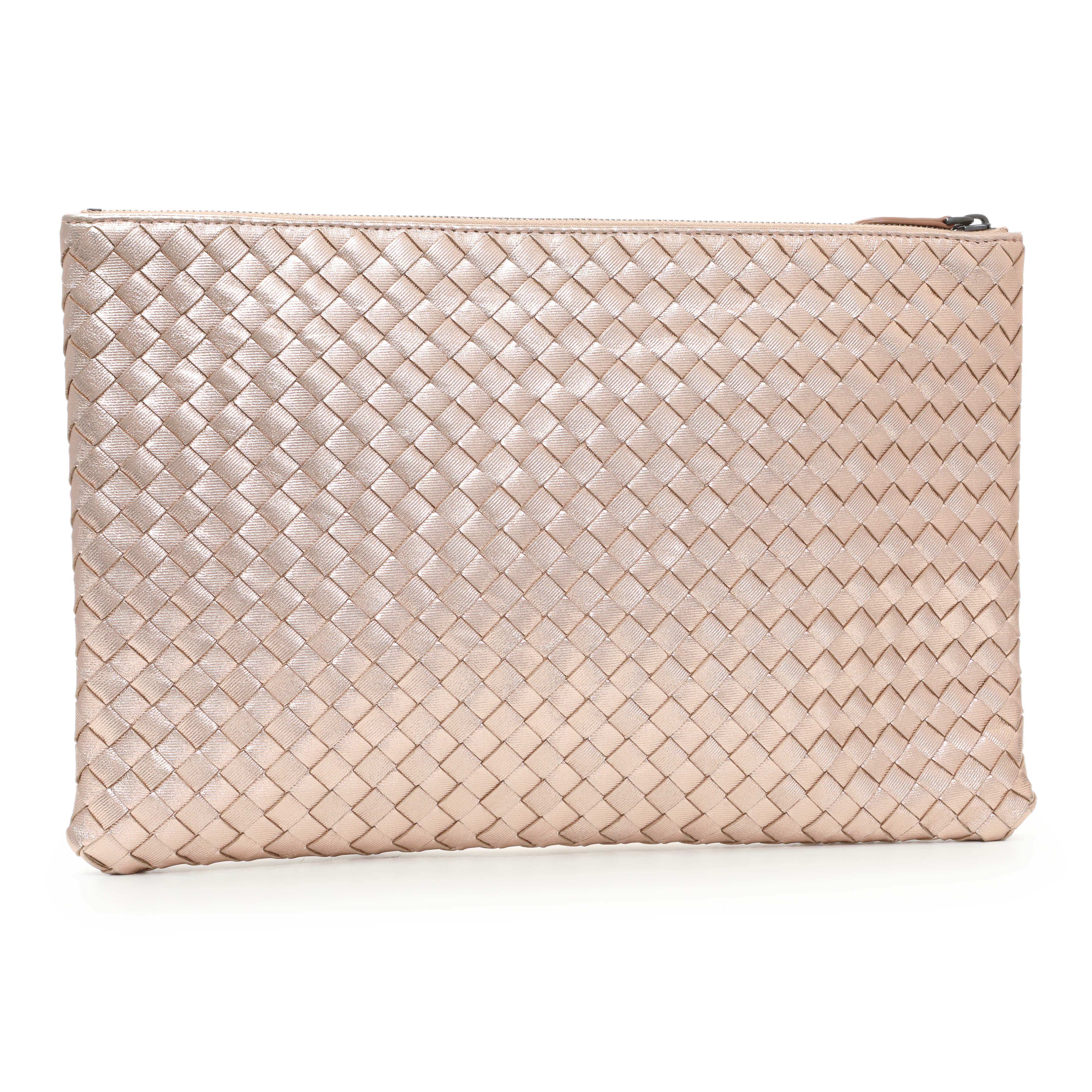 Bottega Veneta Metallic Pink Nappa Intrecciato Zipped Flat Pouch
