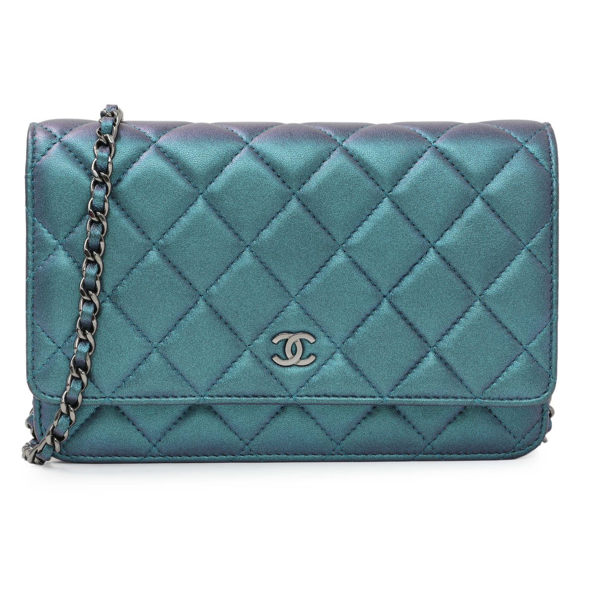 Chanel Blue Quilted Iridescent Lambskin Wallet On Chain Handbags Chanel