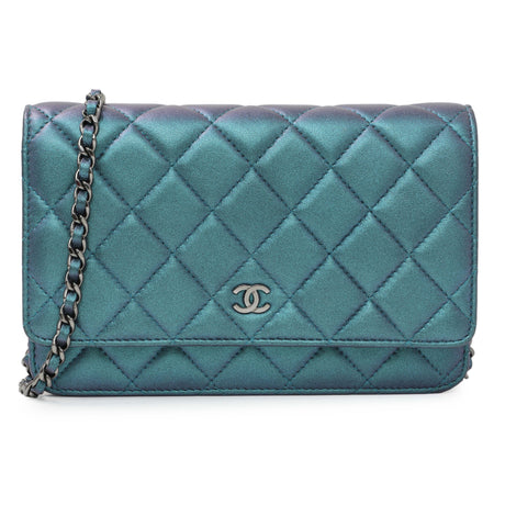 Chanel Blue Quilted Iridescent Lambskin Wallet On Chain Handbags Chanel