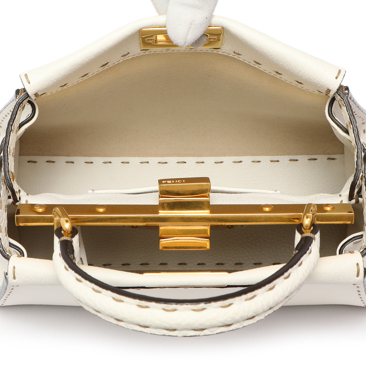 Fendi White Cuoio Romano Selleria Mini Peekaboo Iconic Satchel