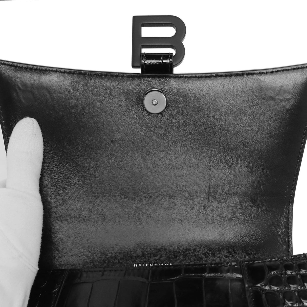 Balenciaga Black Crocodile Embossed Calfskin Small Hourglass Top  Handle Bag