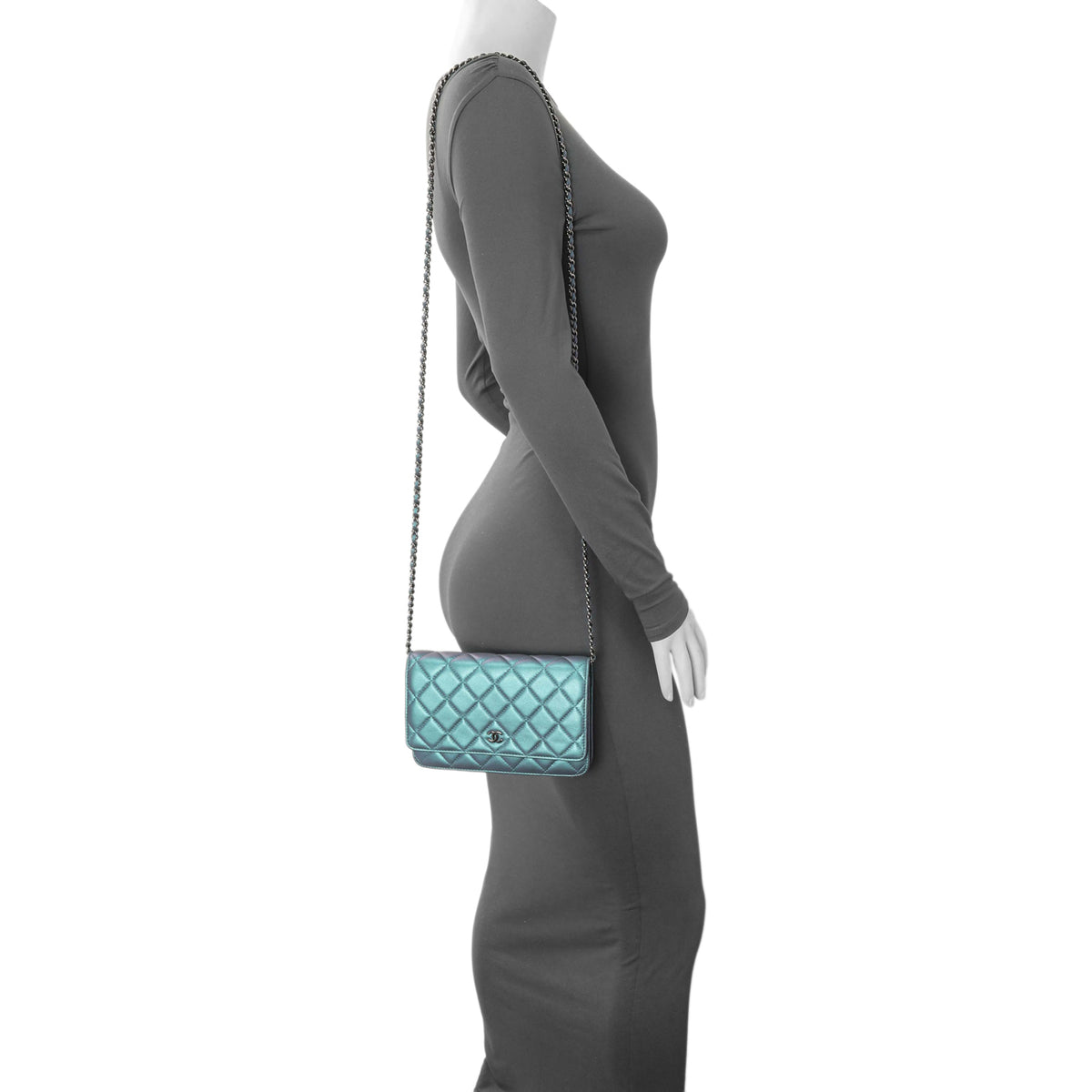 Chanel Blue Quilted Iridescent Lambskin Wallet On Chain Handbags Chanel