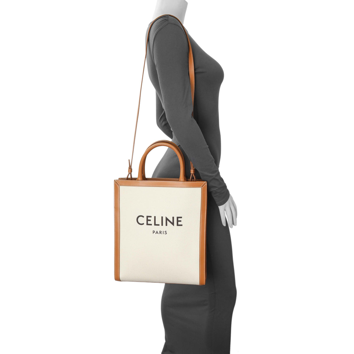 Celine Natural Tan Canvas Calfskin Logo Print Small Vertical Cabas Handbags Celine