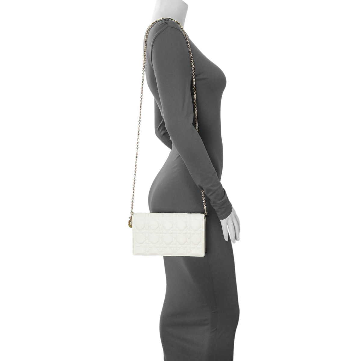 Christian Dior White Lambskin Cannage Lady Dior Pouch with Chain Handbags Christian Dior