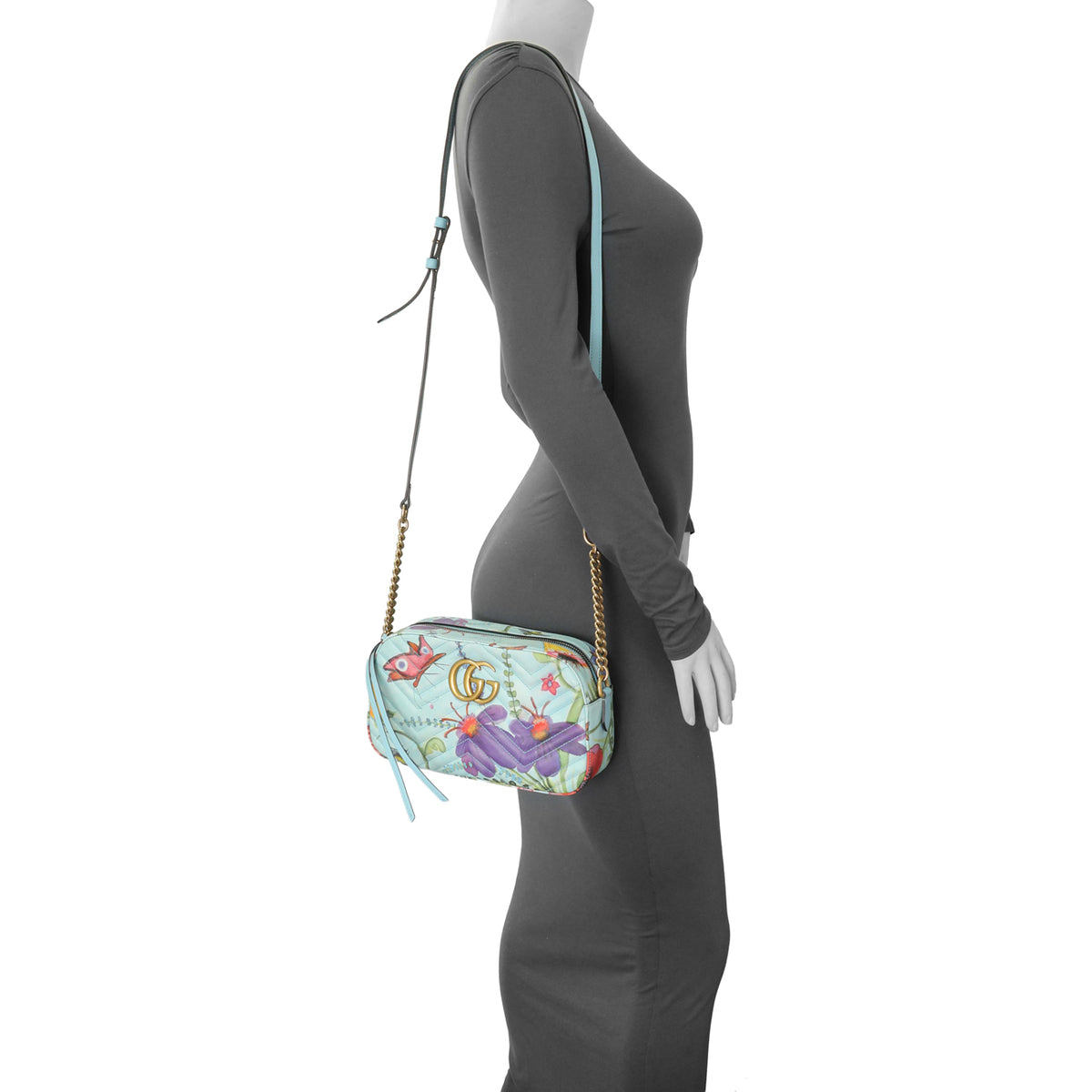 Gucci x Unskilled Worker Blue Calfskin Matelasse Flora Painted Small GG Marmont Chain Shoulder Bag Handbags Gucci
