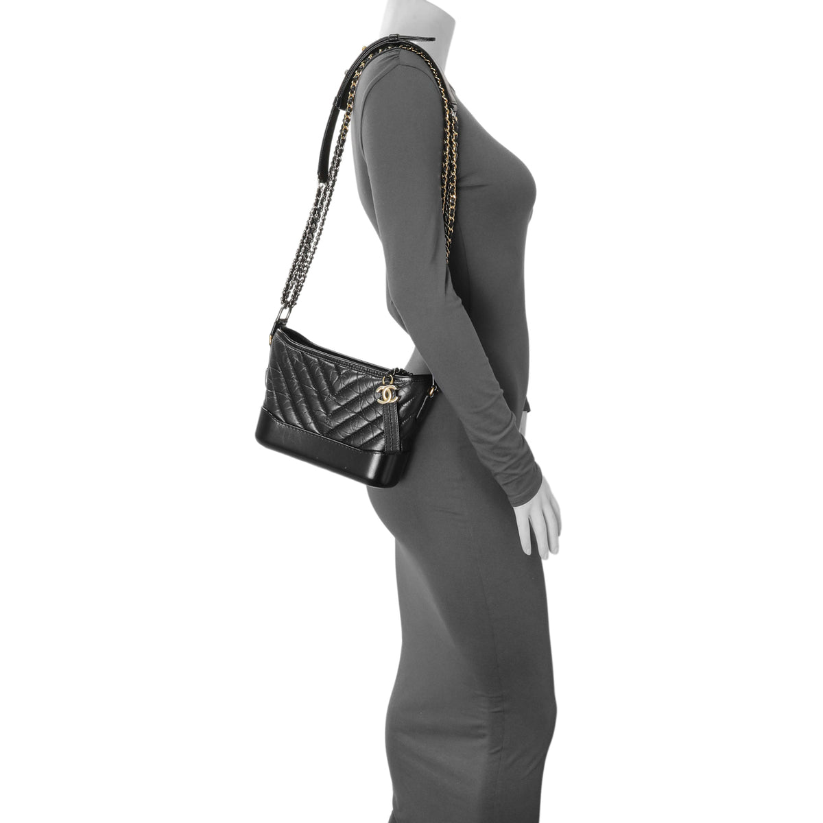 Chanel Black Aged Calfskin Chevron Quilted Small Gabrielle Hobo Handbags Chanel