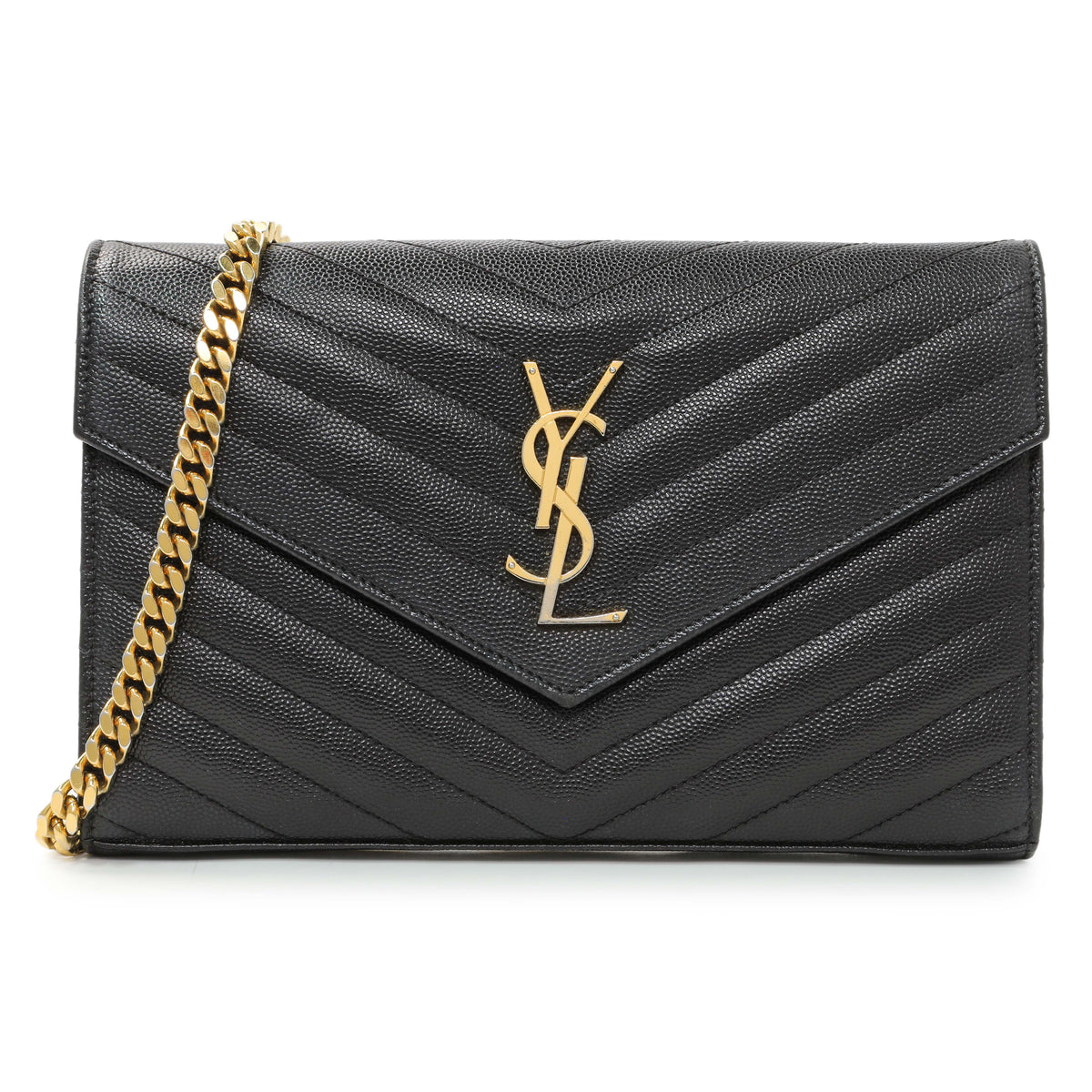 Saint Laurent Black Grain De Poudre Matelasse Chevron Monogram Chain Wallet Handbags Saint Laurent