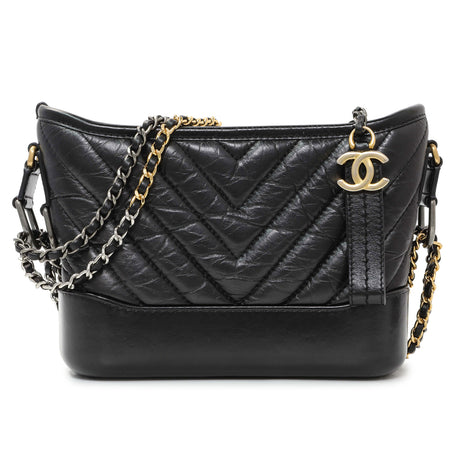 Chanel Black Aged Calfskin Chevron Quilted Small Gabrielle Hobo Handbags Chanel