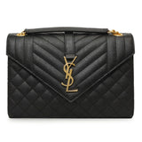 Saint Laurent Black Grain De Poudre Matelasse Chevron Medium Triquilt Monogram Satchel