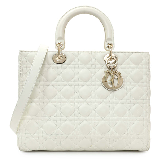 Christian Dior White Lambskin Cannage Large Lady Dior Handbags Christian Dior