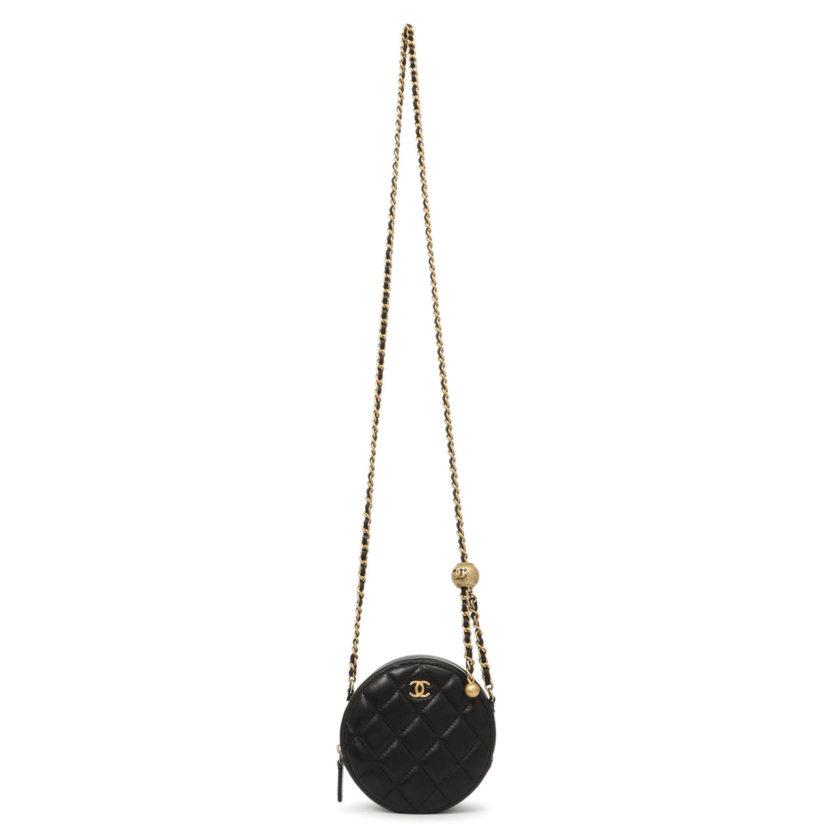 Chanel Black Quilted Lambskin Pearl Crush Round Clutch With Chain