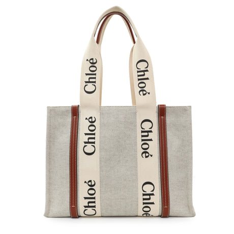 Chloe Linen Calfskin Medium Woody Ribbon Tote Handbags Chloe