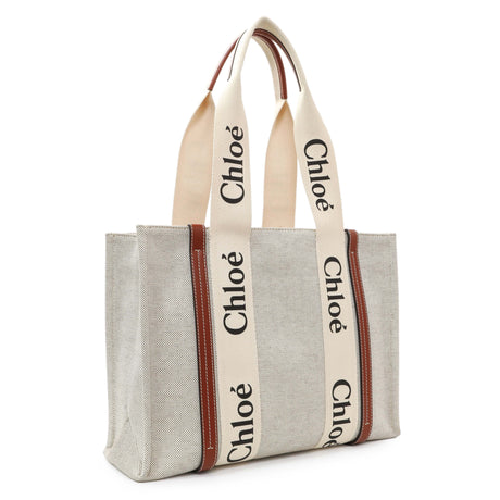 Chloe Linen Calfskin Medium Woody Ribbon Tote Handbags Chloe