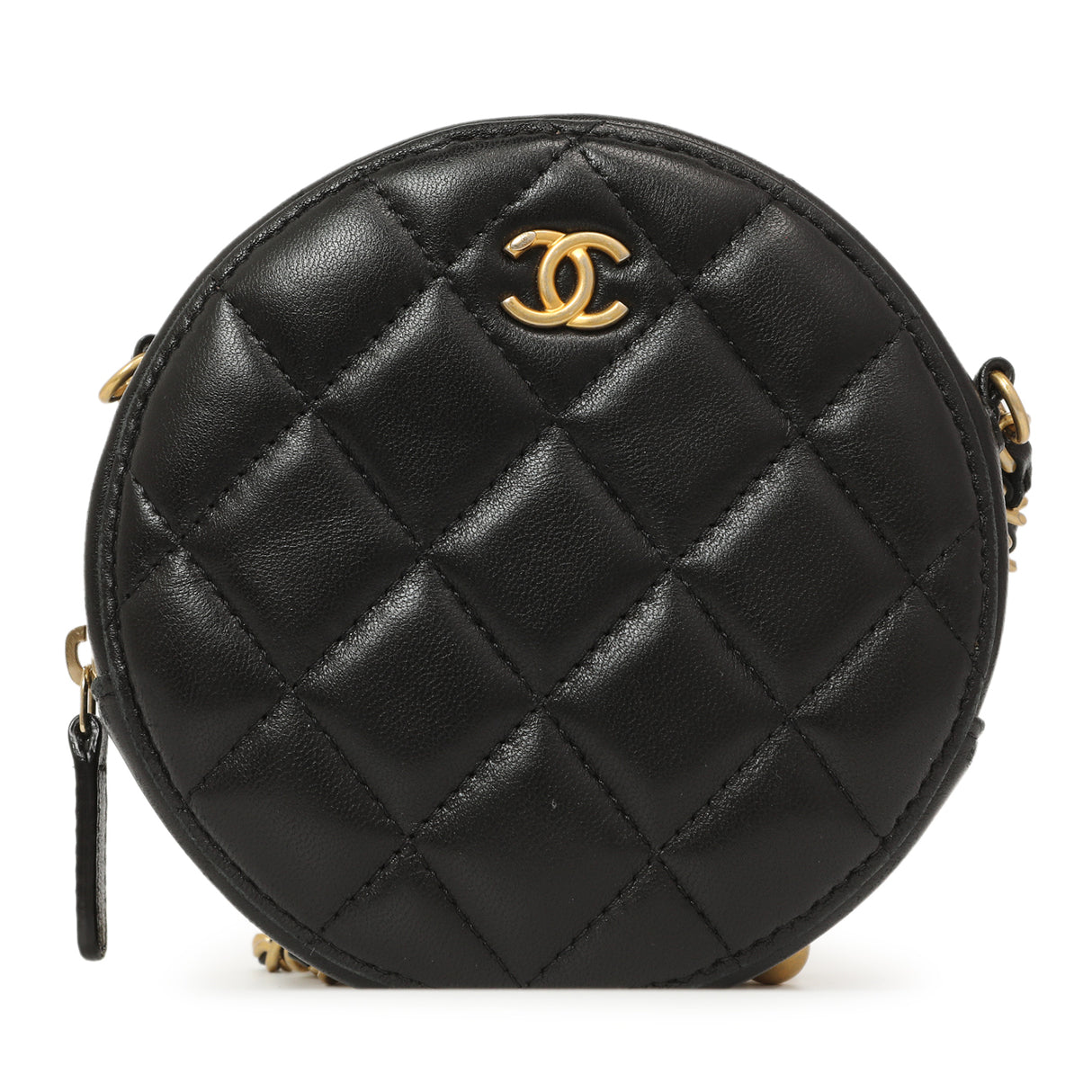 Chanel Black Quilted Lambskin Pearl Crush Round Clutch With Chain