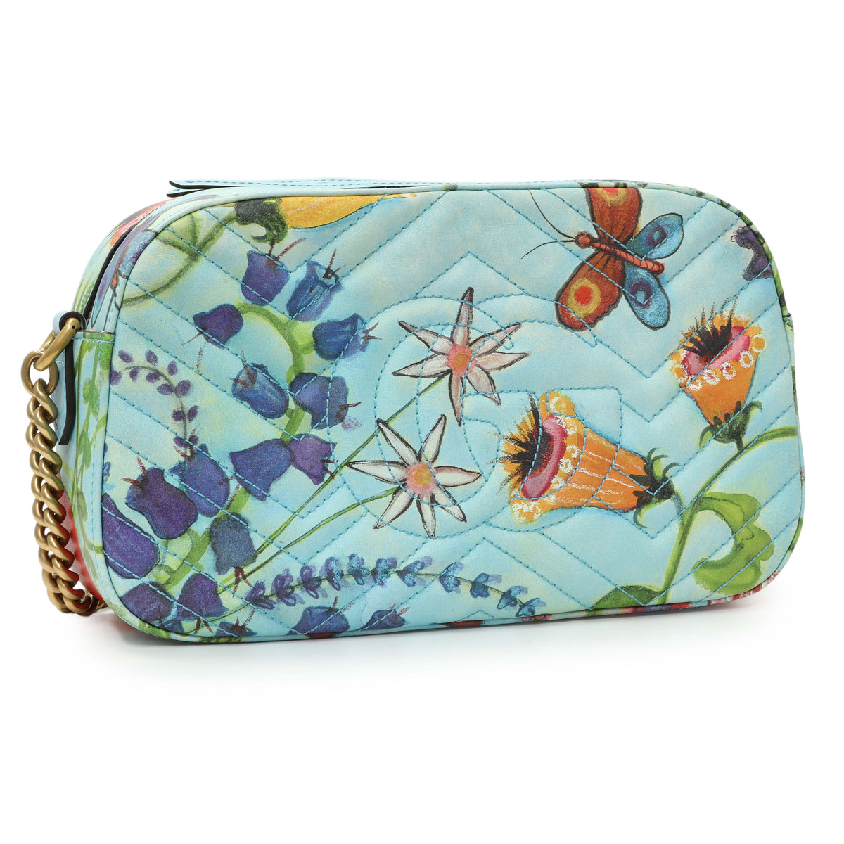 Gucci x Unskilled Worker Blue Calfskin Matelasse Flora Painted Small GG Marmont Chain Shoulder Bag Handbags Gucci