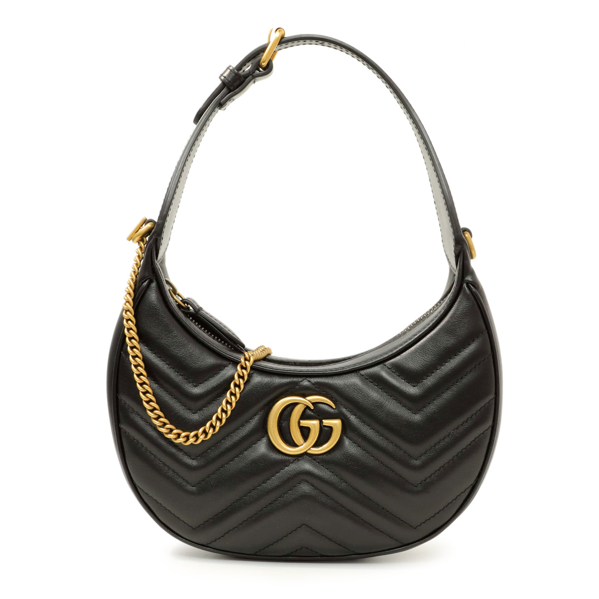 Gucci Black Calfskin Matelasse Chevron Mini GG Marmont Half Moon Hobo