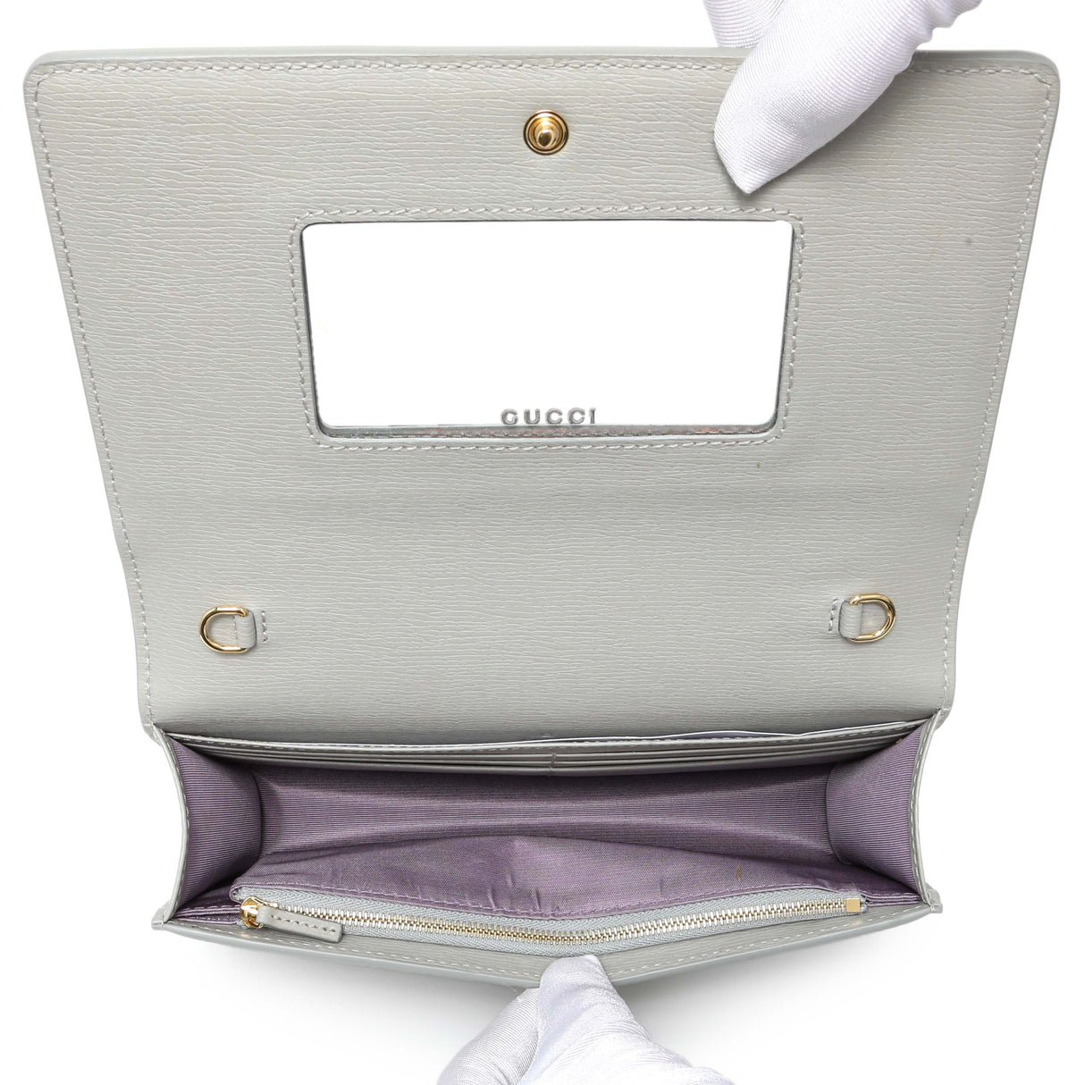 Gucci Grey Textured Calfskin Script Logo Chain Wallet Handbags Gucci