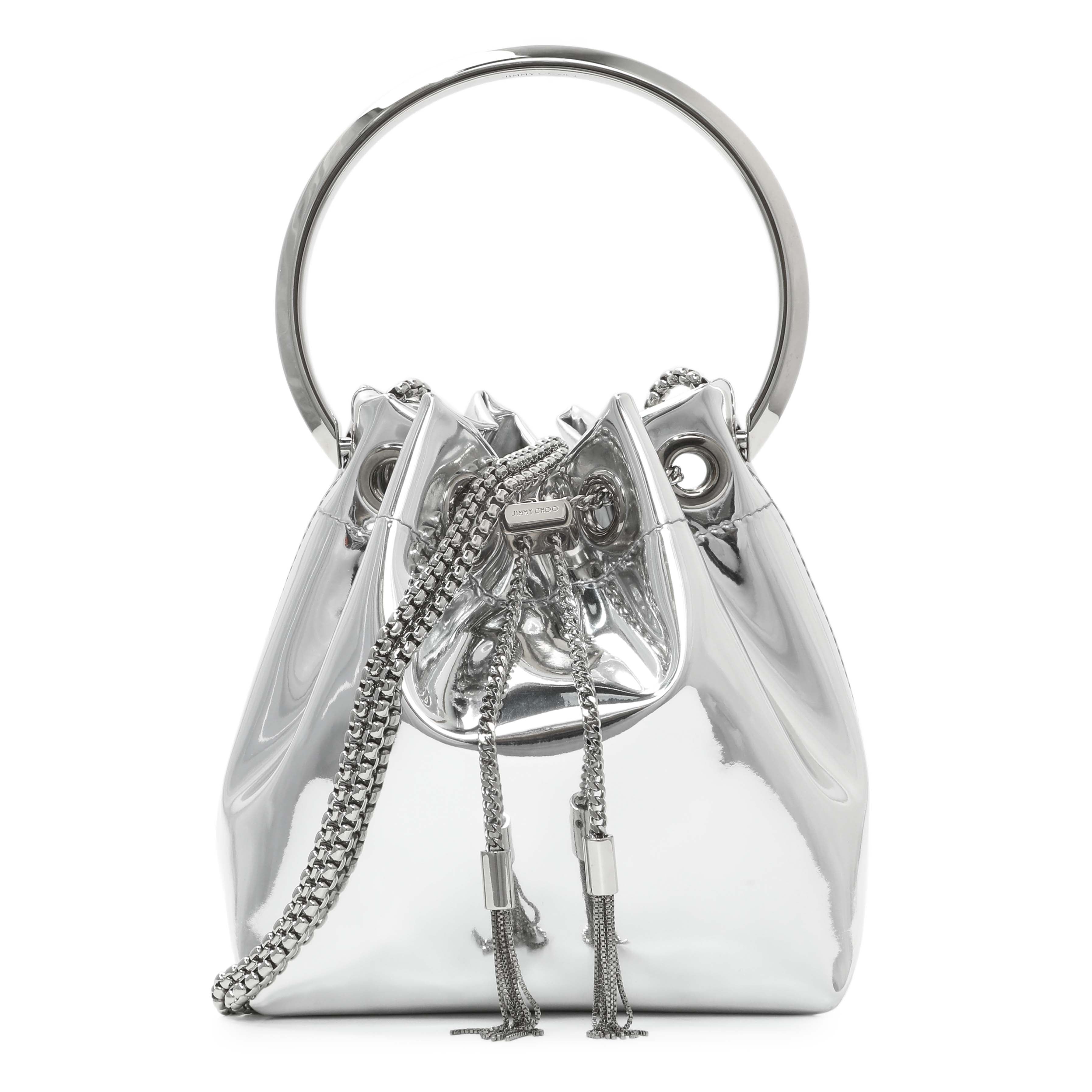 Jimmy Choo Silver Bon Bon Mirror Fabric Mini Bag with Metal Handle