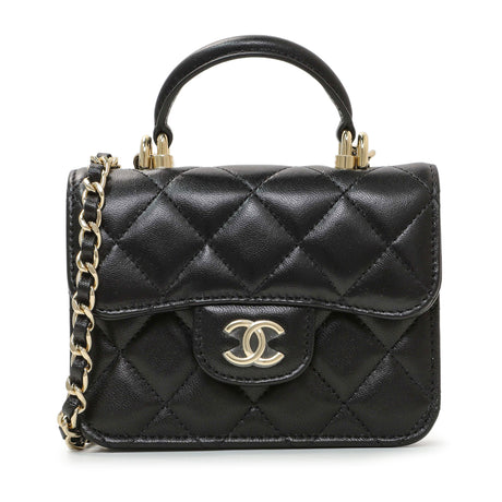 Chanel Black Lambskin Top Handle Flap Coin Purse With Chain Handbags Chanel