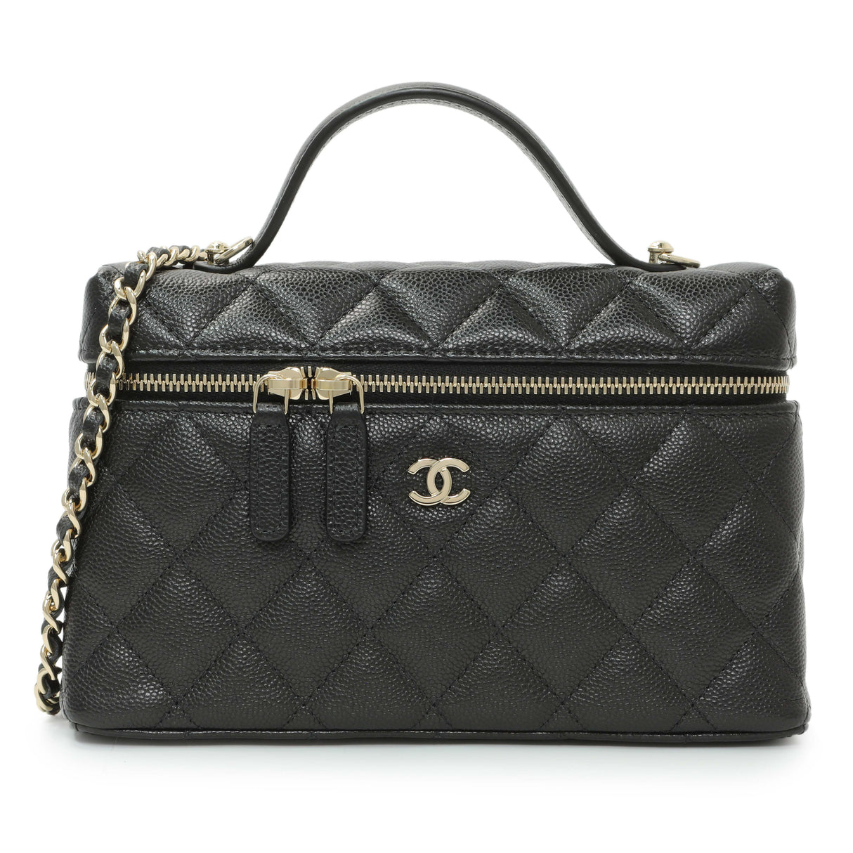 Chanel Black Quilted Caviar Top Handle Slim Vanity With Chain Handbags Chanel