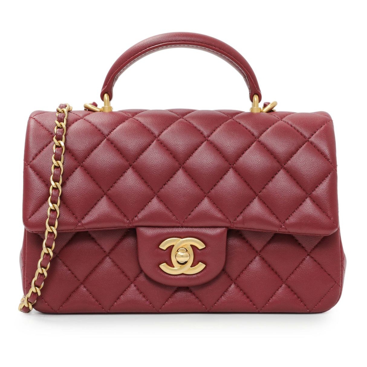 Chanel Burgundy Lambskin Quilted Mini Top Handle Rectangular Flap