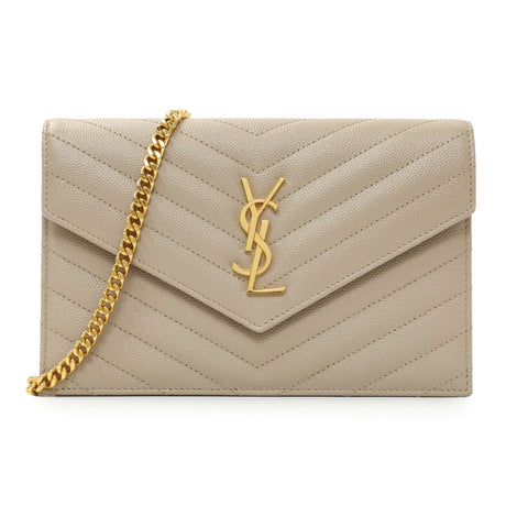 Saint Laurent Dark Beige Grain De Poudre Matelasse Chevron Monogram Envelope Chain Wallet Handbags Saint Laurent