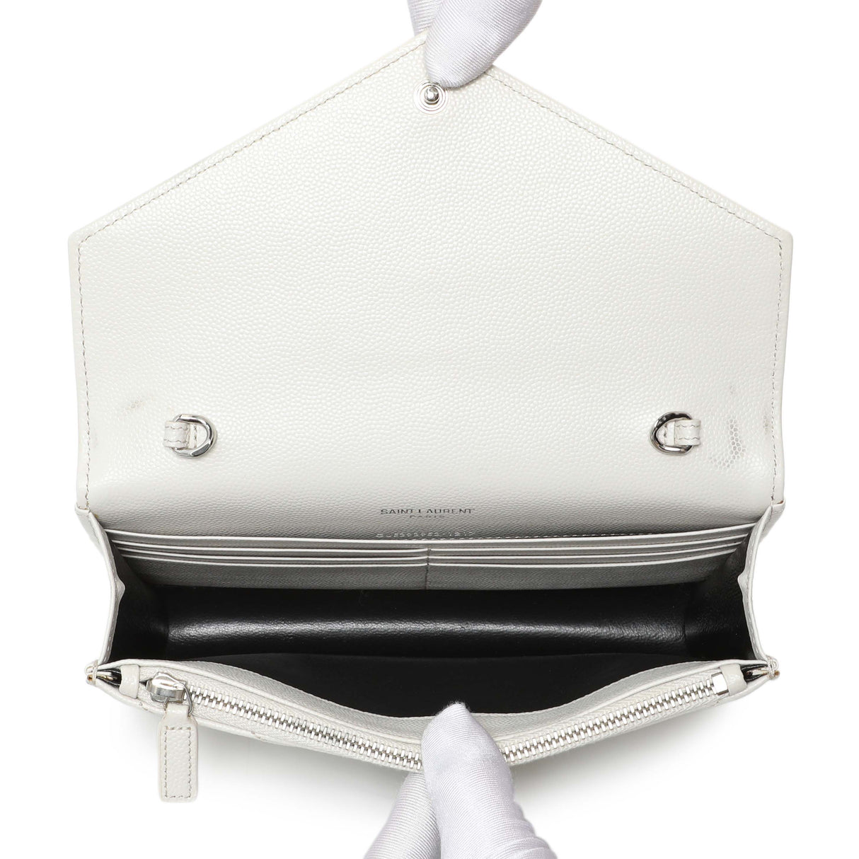 Saint Laurent White Grain De Poudre Matelasse Chevron Monogram Envelope Chain Wallet Handbags Saint Laurent